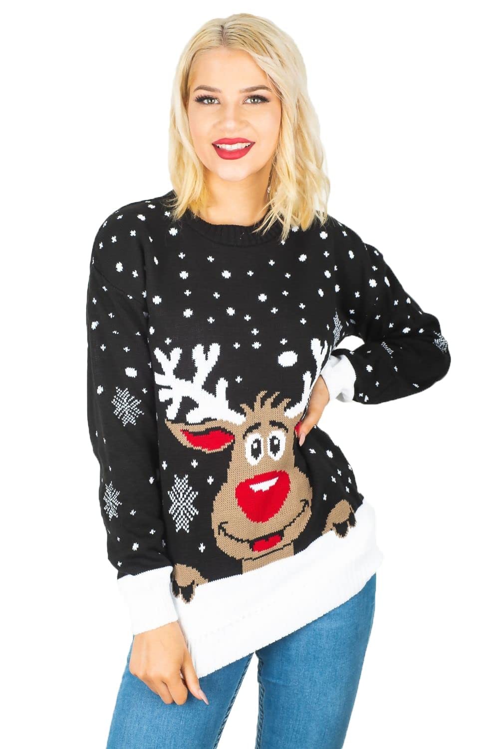 Womens Happy Reindeer Christmas Jumper – Black UK 24-26