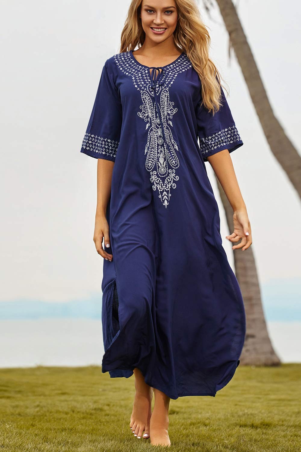 Summer Embroidered Floral Loose Caftan Beach Cover Up Dress – Plus Size