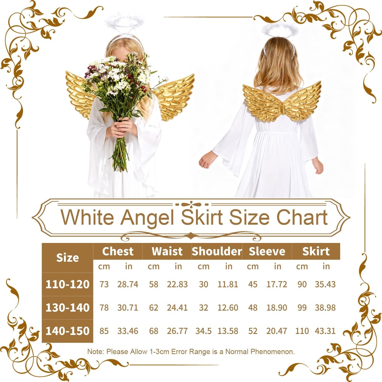 Angel Costume White Dress with Headband & Gold Wings Child M – White M