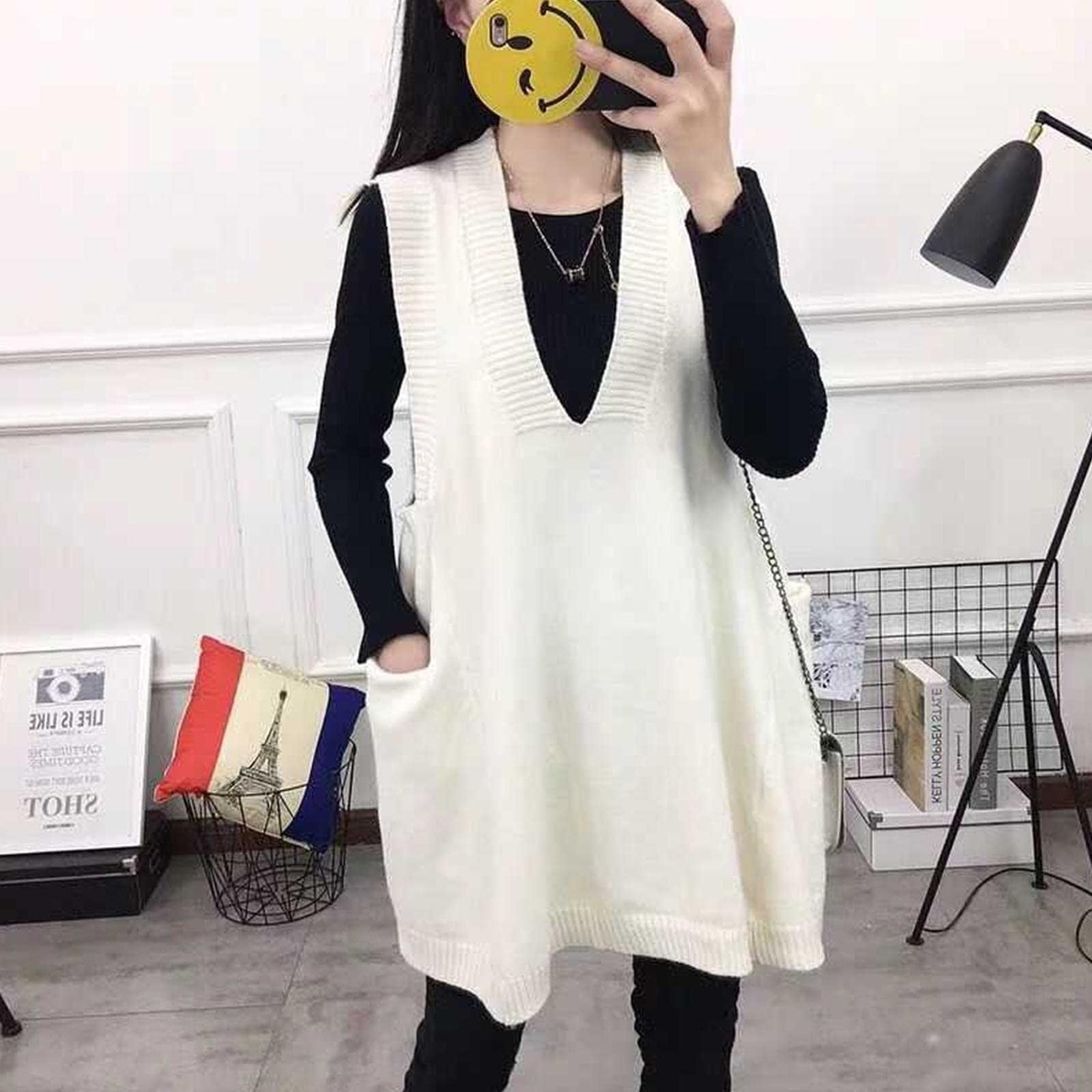 Women Loose Swing Chunky V-Neck Sweater Vests Oversized - Large