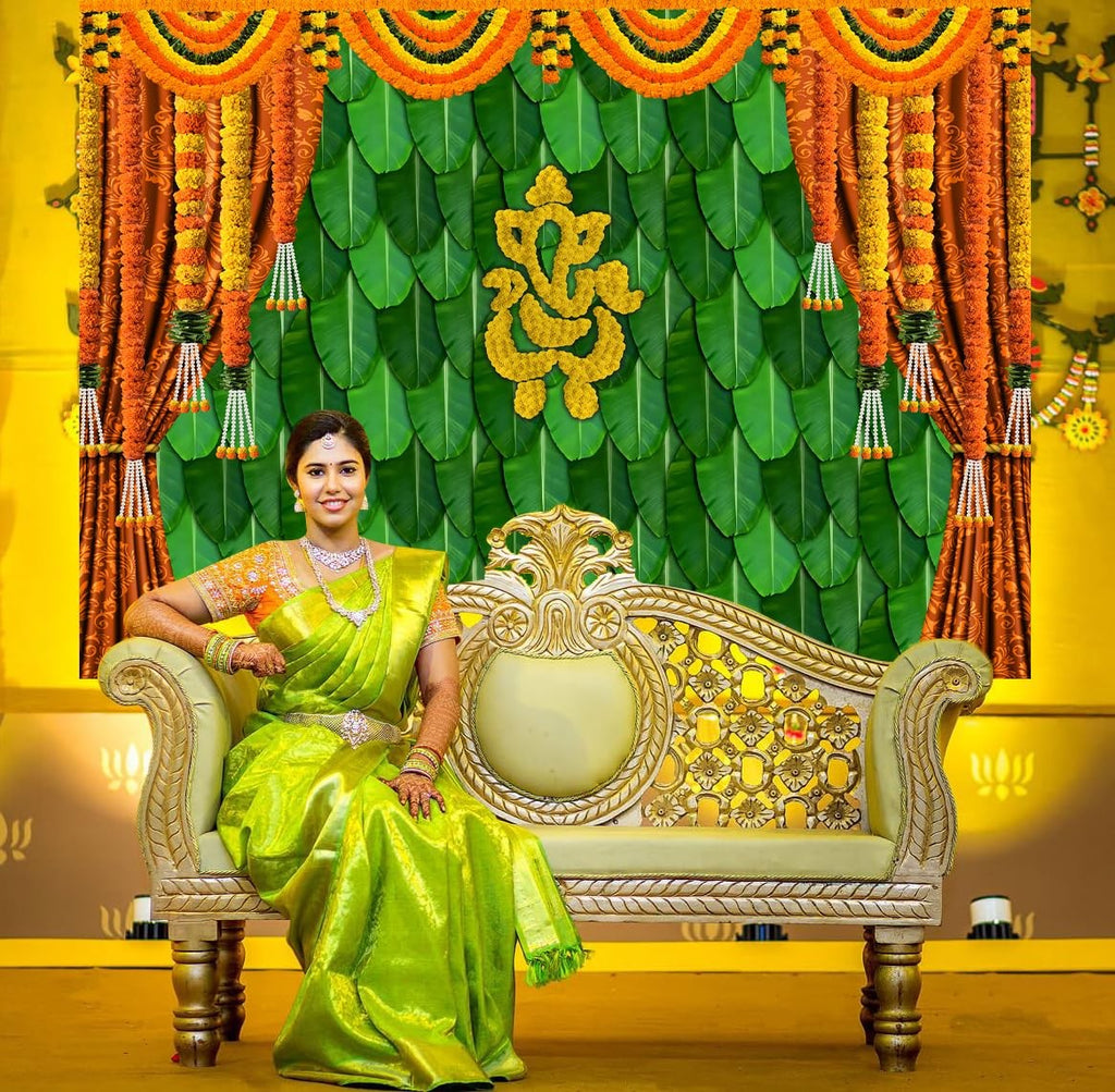 7x5FT India Pooja Traditional Photography Backdrop Marigold Green Banana Leaf