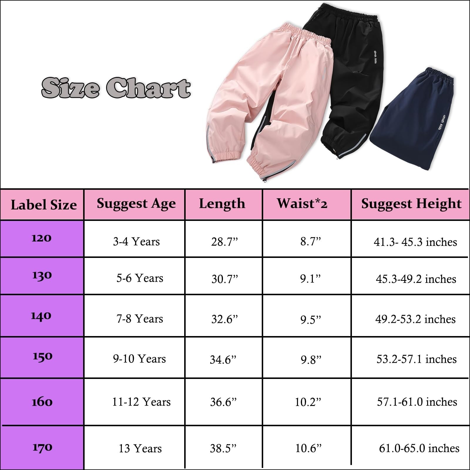 Kids Waterproof Trousers Fleece Lined Winter Snow Pants – Black 150/9-10 Exemaba