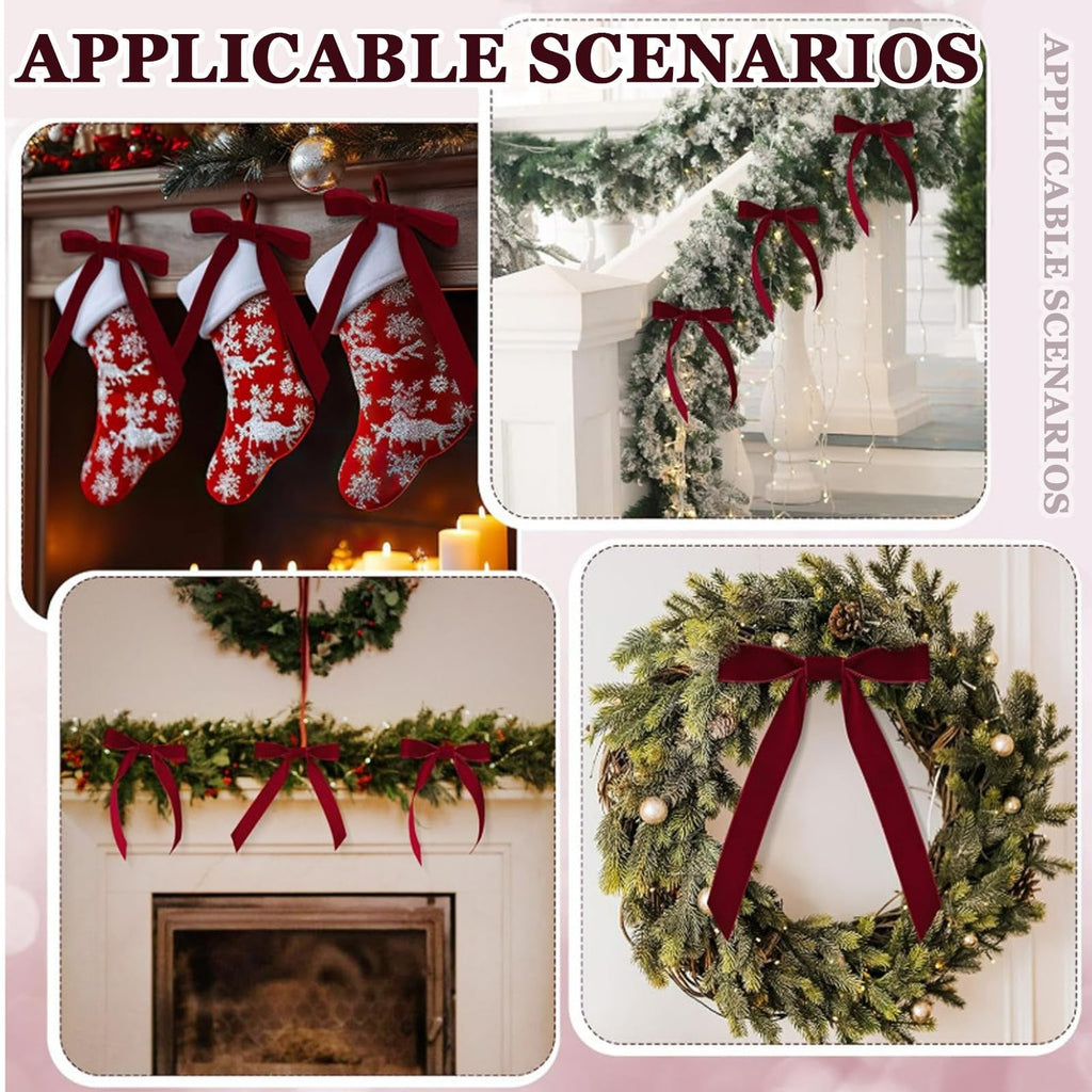 12pcs Burgundy Christmas Tree Decorations Velvet Bows with Twist Ties