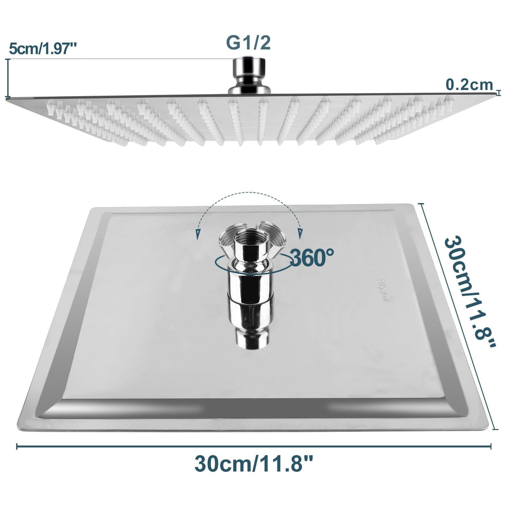 Rain Shower Head 12 inch Square Large Rainfall Overhead Fixed Shower Head