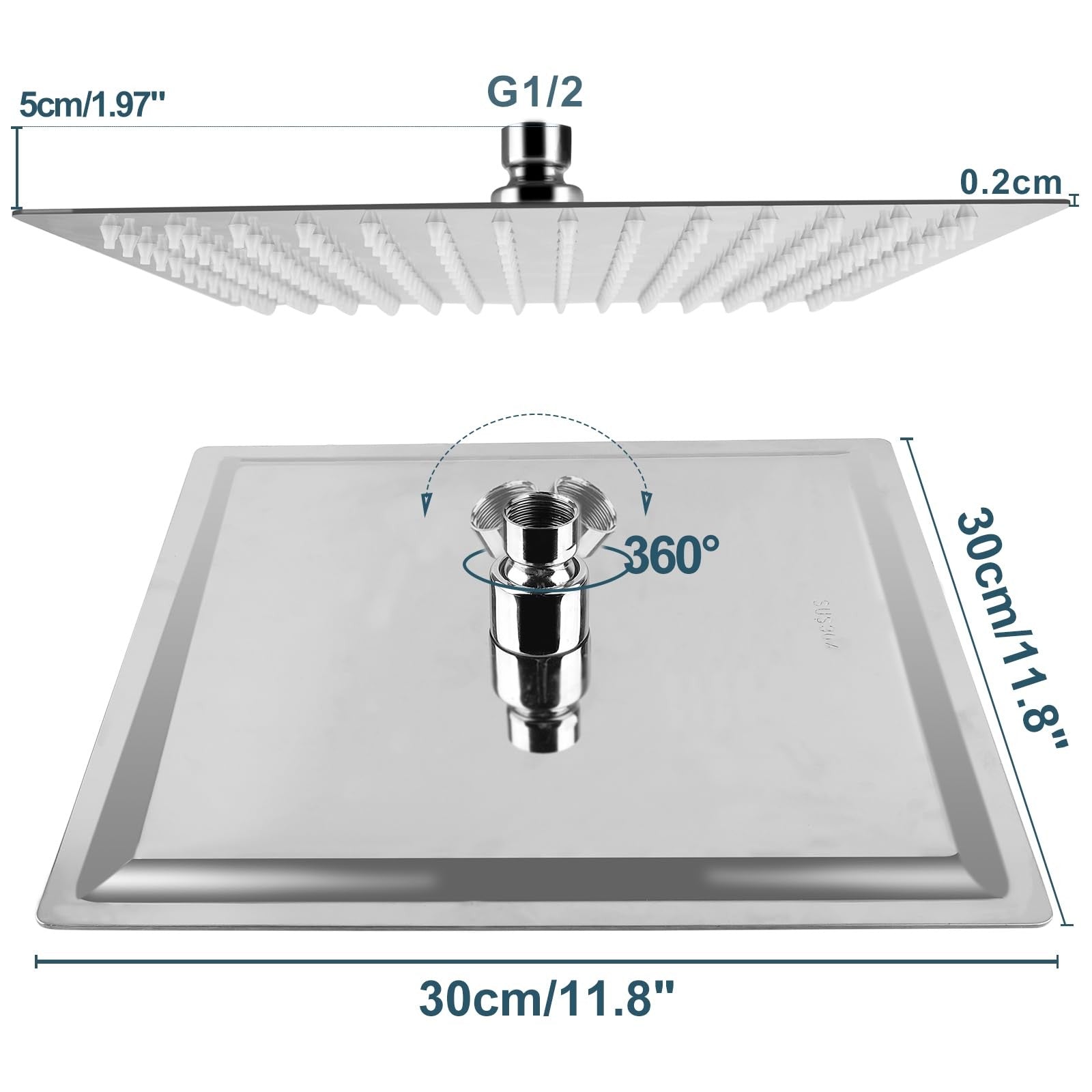 Rain Shower Head 12 inch Square Large Rainfall Overhead Fixed Shower Head