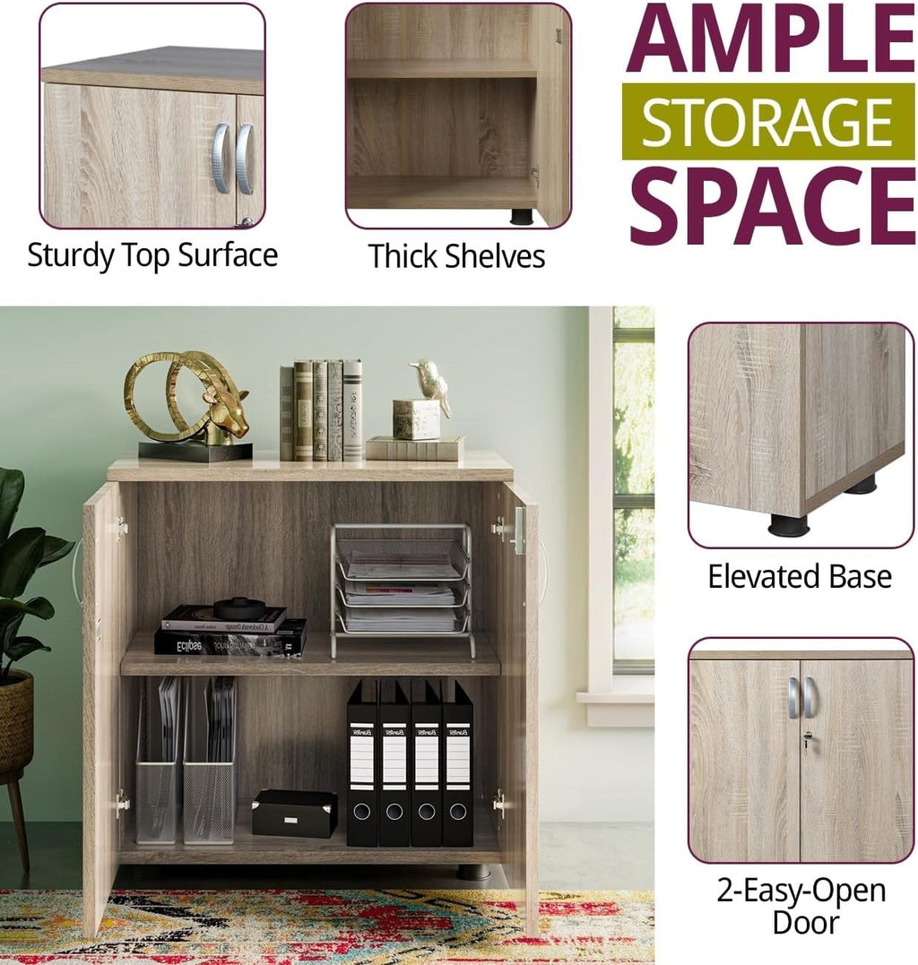 Small Office Cupboard with Laminated Oak Finish, Lockable Cabinet with Shelf,