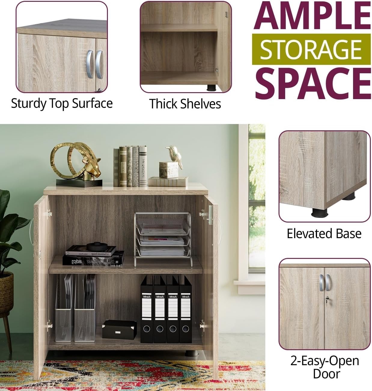 Small Office Cupboard with Laminated Oak Finish, Lockable Cabinet with Shelf,