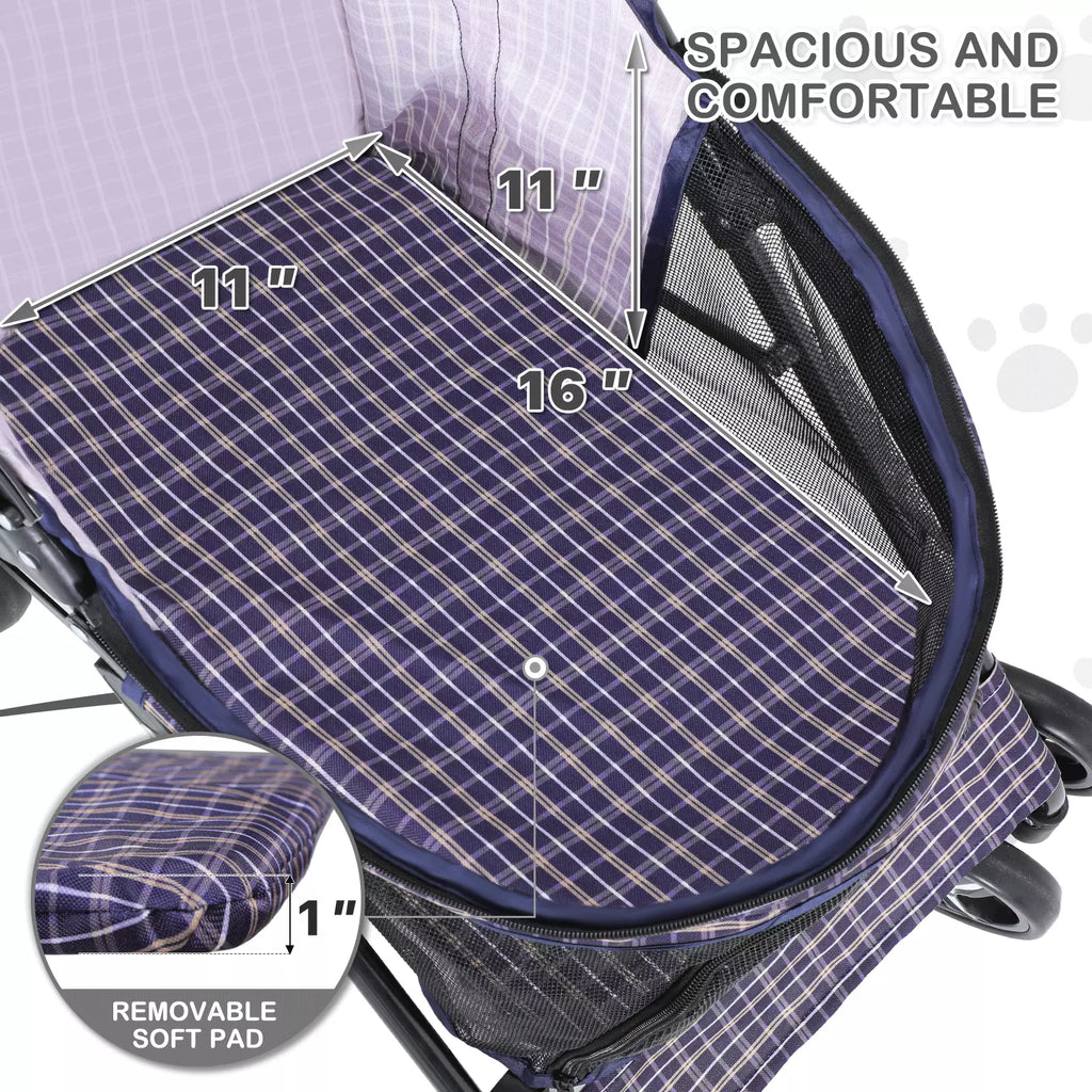 Foldable 4-Wheel Pet Stroller with Mesh Canopy and Rear Storage Basket