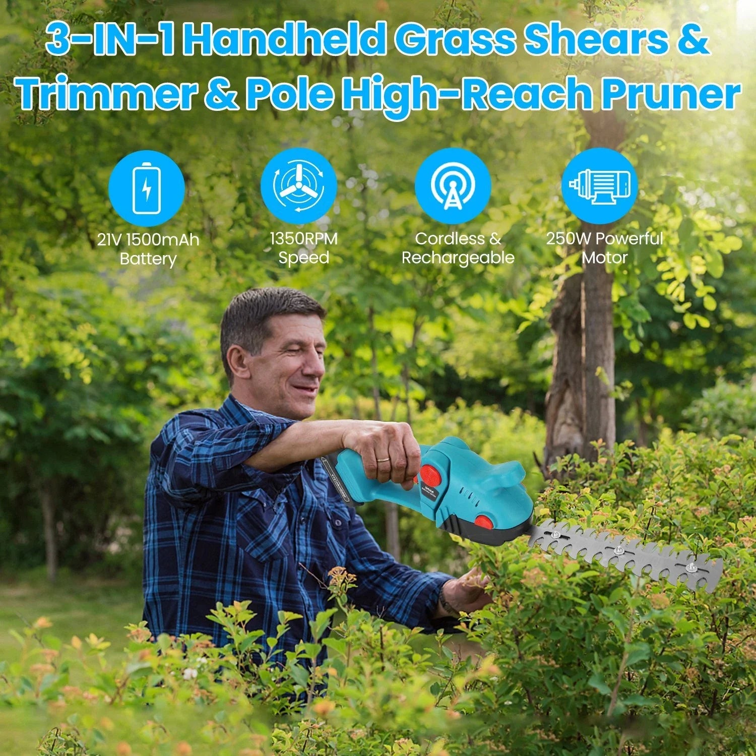 Cordless 3-in-1 Hedge Trimmer Grass Shear with Pole 21V Power Tool