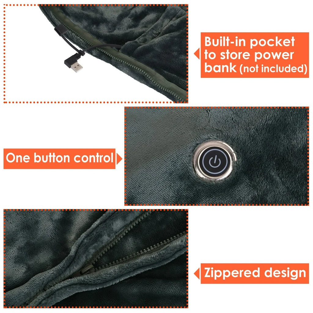 USB Heated Blanket Shawl with Zipper, Washable Flannel, 3 Heat Levels