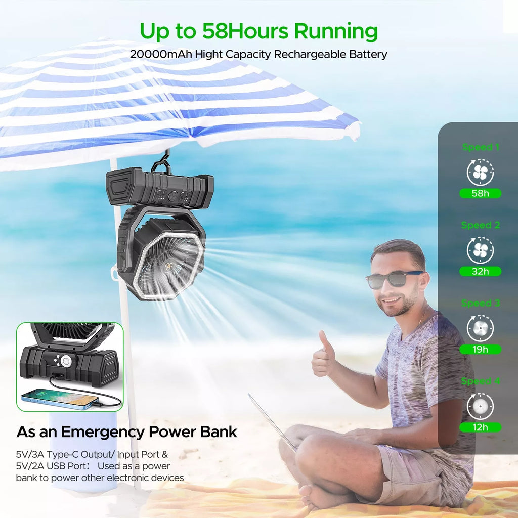 20000mAh Rechargeable Camping Fan with LED Light, USB & Remote Control