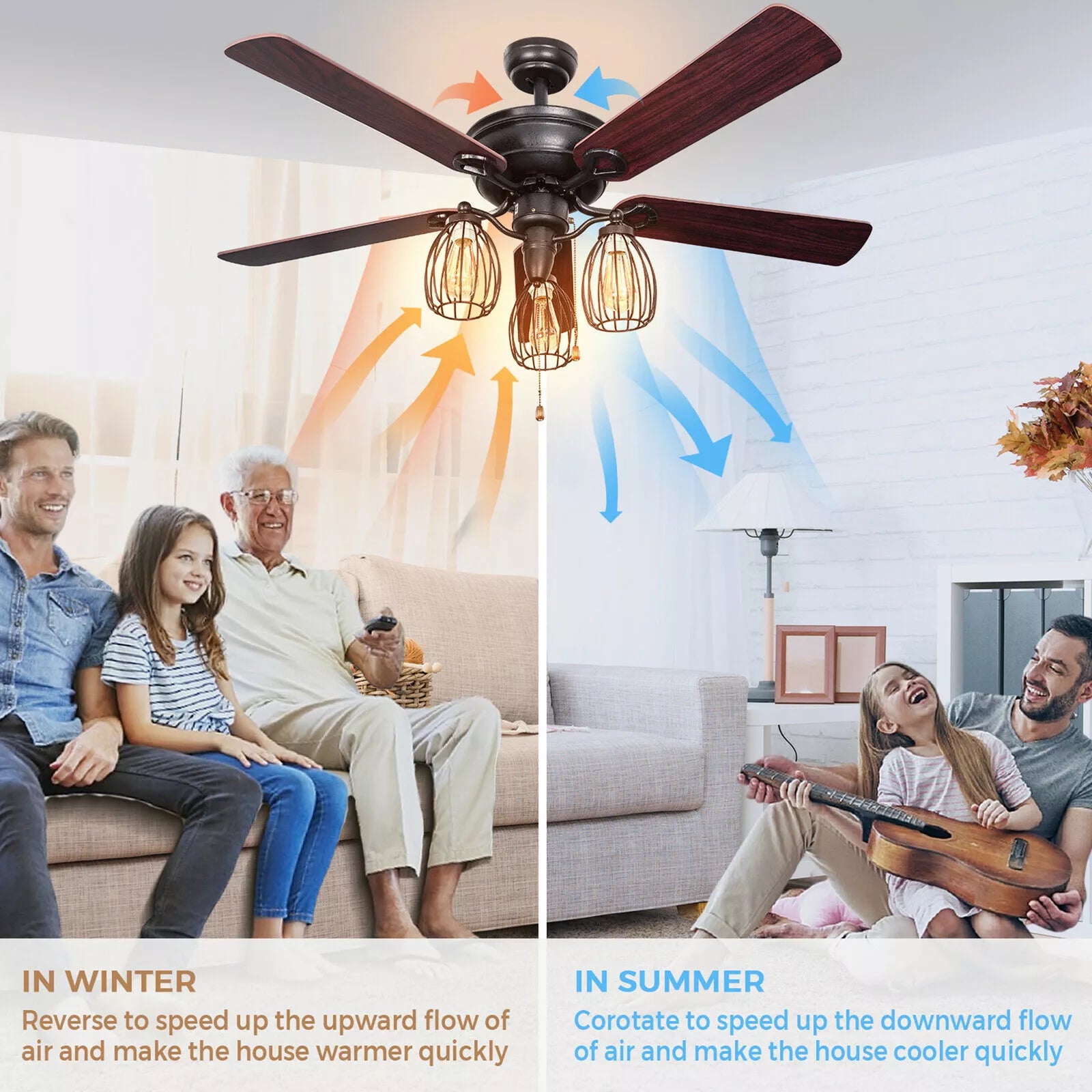 52" Ceiling Fan with Lights Quiet Motor & Reversible Blades