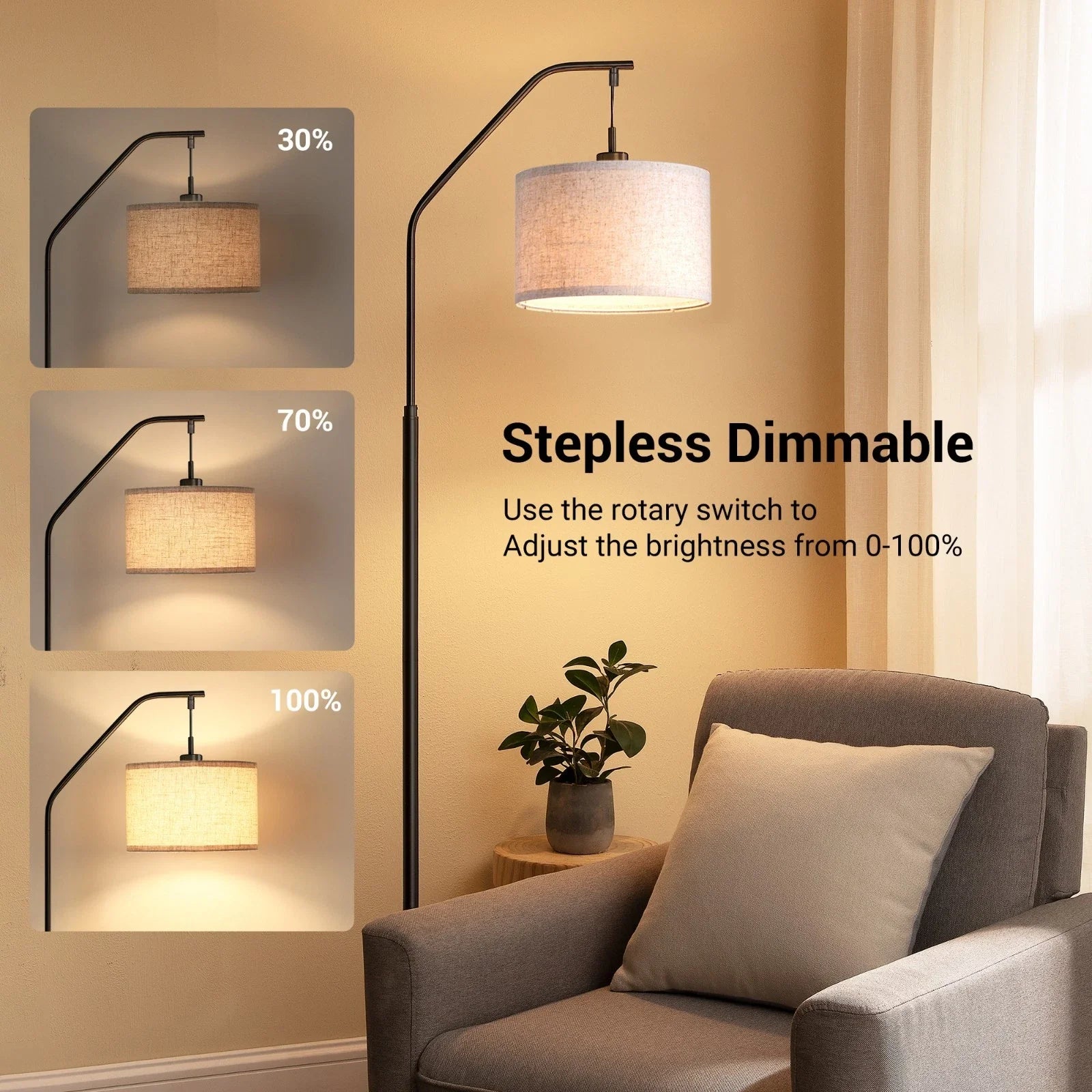 Arched Floor Lamp with Dimmable LED, Hanging Drum Shade, Black Kit LED