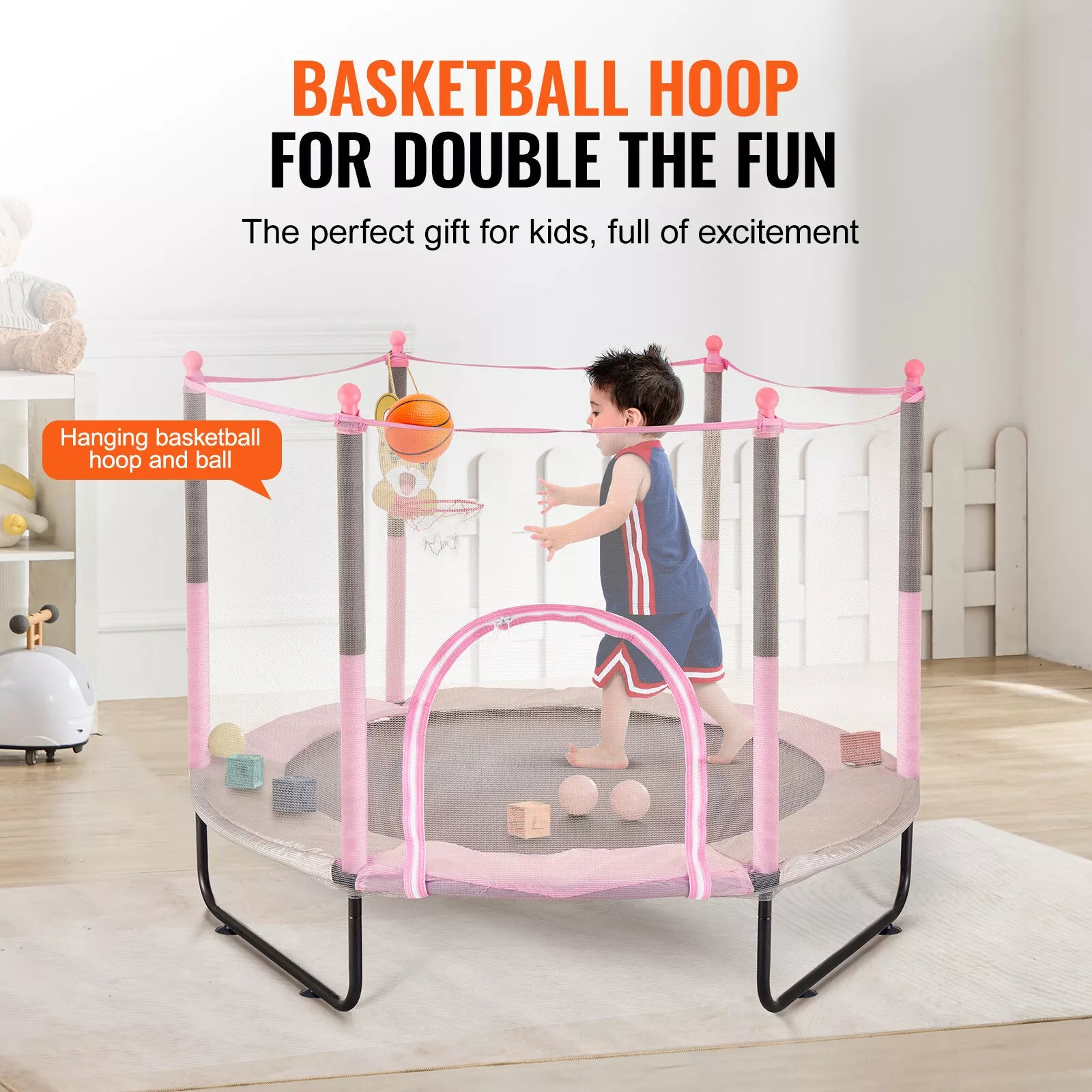 60" Kids Trampoline Safety Net Basketball Hoop Indoor Outdoor