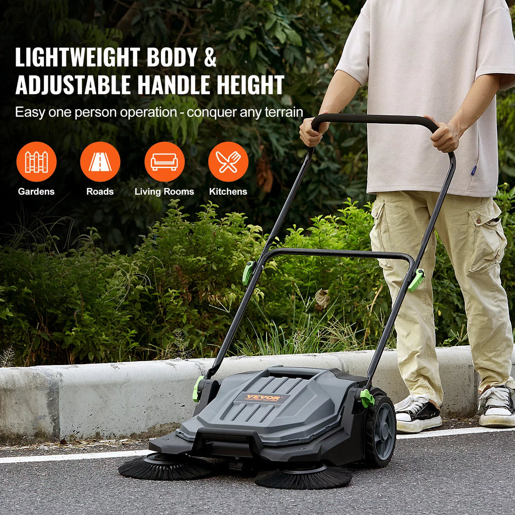 Manual Push Floor Sweeper 25.6" Path 5-Gallon Waste Capacity