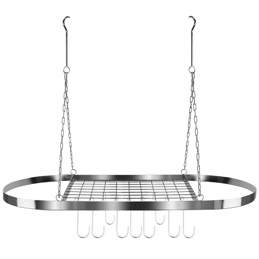 Ceiling Mounted Oval Pot Rack with 10 Hooks and Grid Shelf Silver