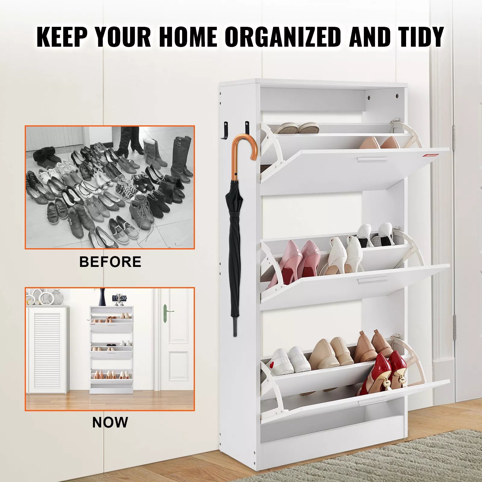 3-Drawer Shoe Cabinet Flip Drawers Storage White