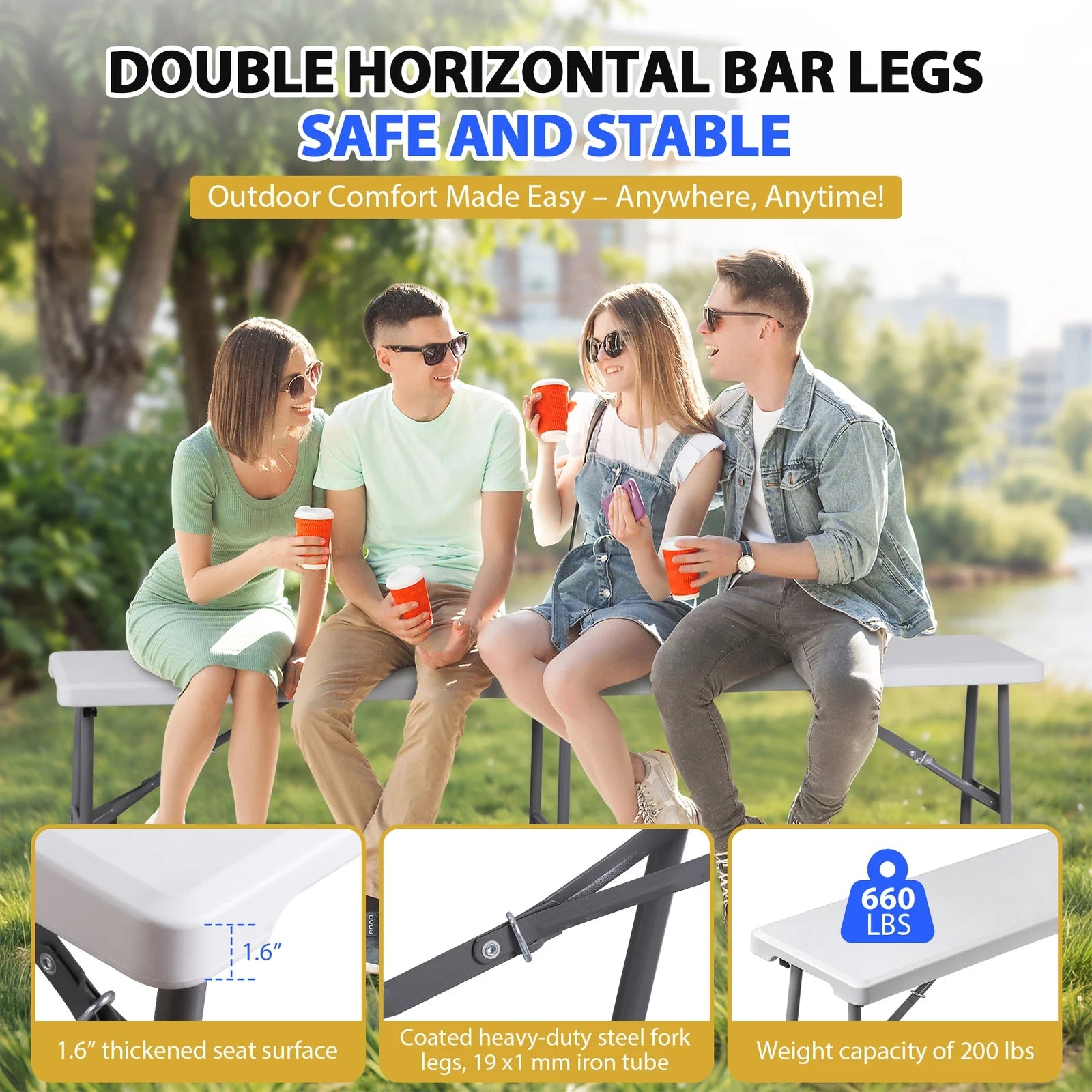 2pcs 6ft Folding Outdoor Benches with Handle for Garden or Picnic