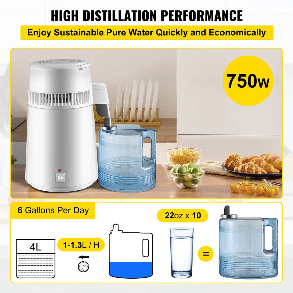 4L Water Distiller 750W Stainless Steel Countertop Pure Water Unit