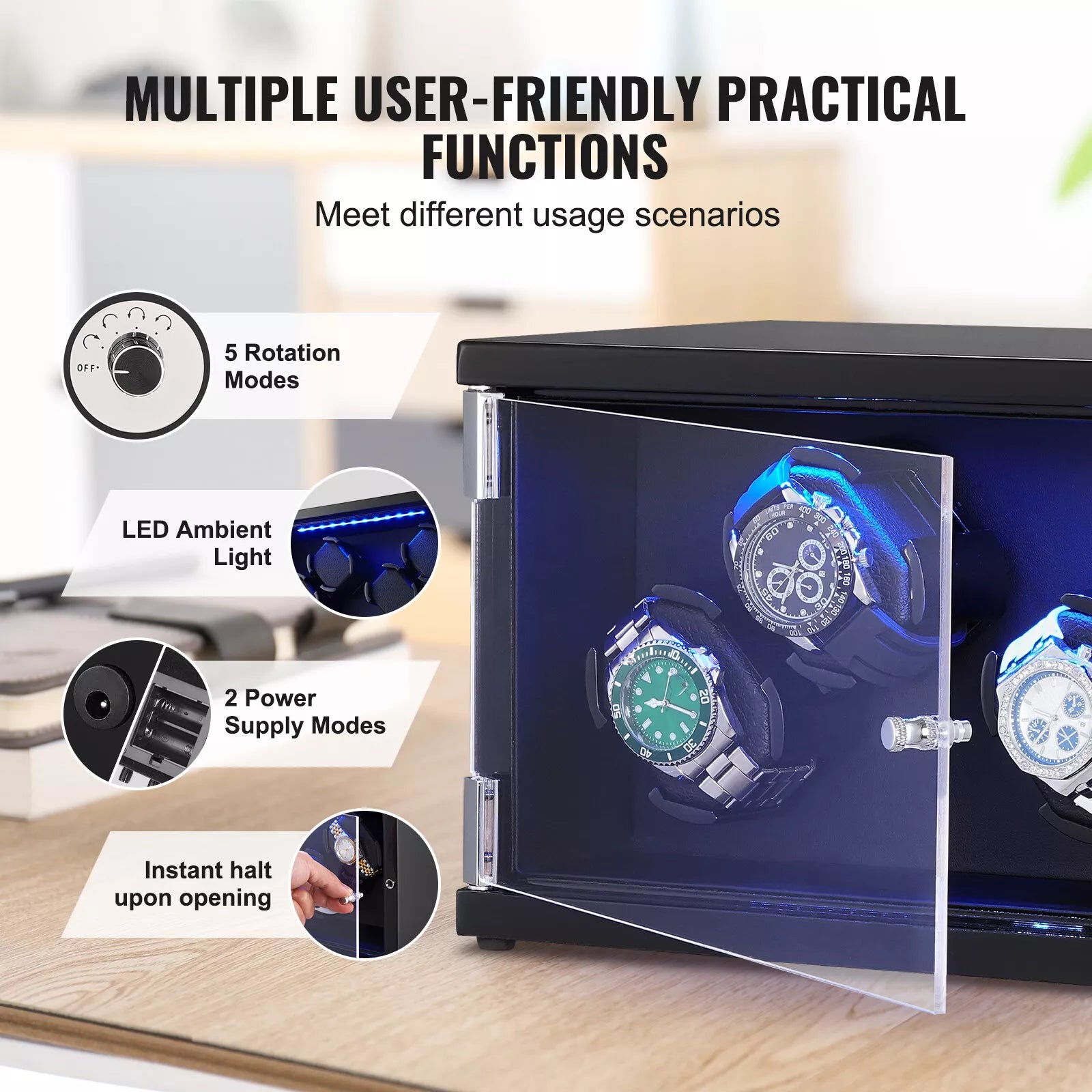 Luxury Watch Winder for 4 Watches with Quiet Mabuchi Motors