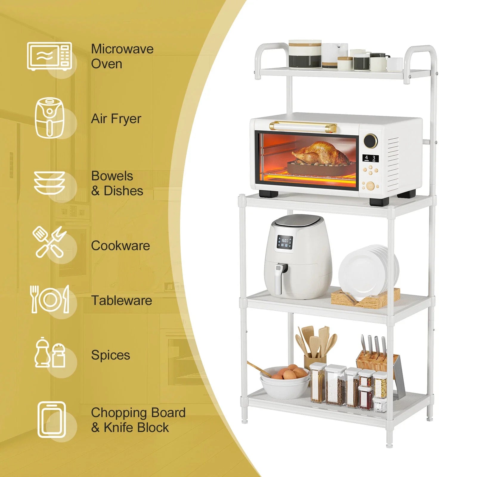 4-Tier White Metal Microwave Stand with Storage Shelves for Kitchen