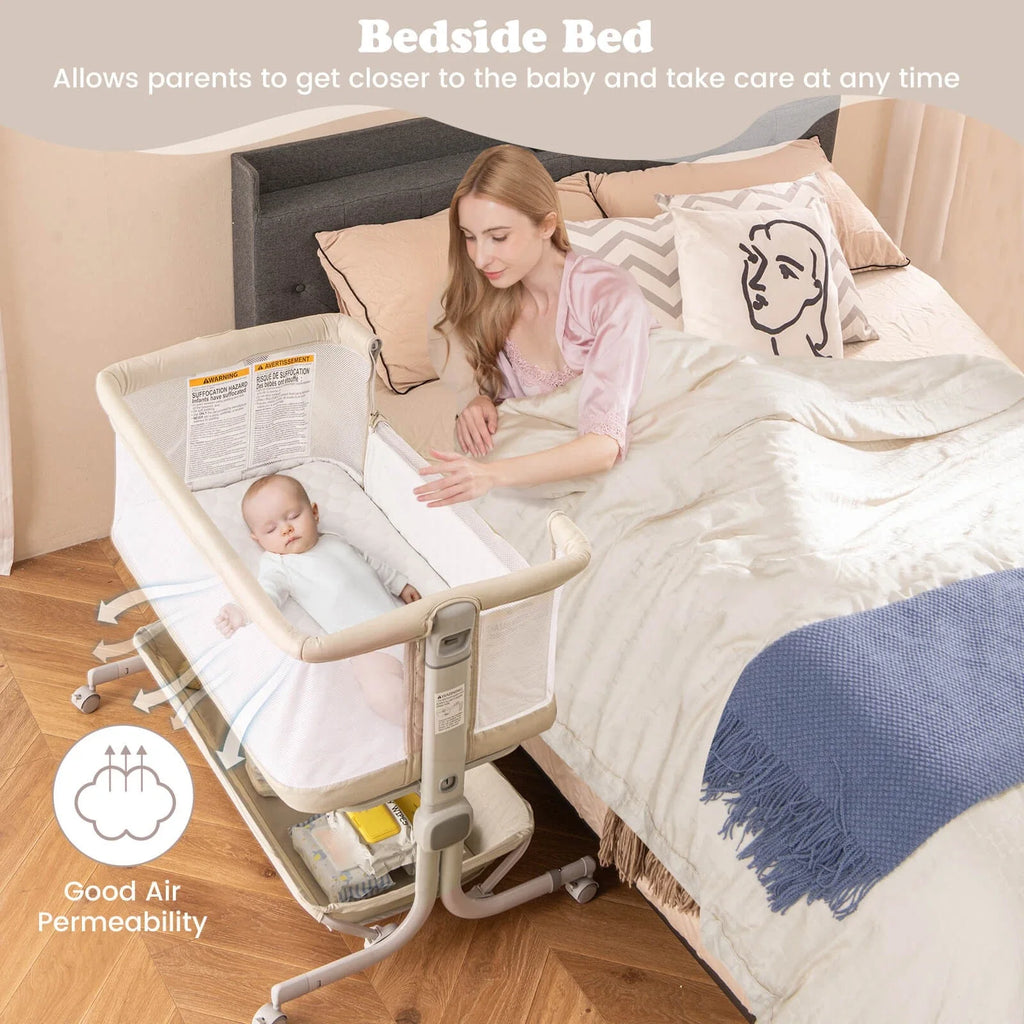 3-in-1 Baby Bassinet with Wheels, Storage & Adjustable Height Beige