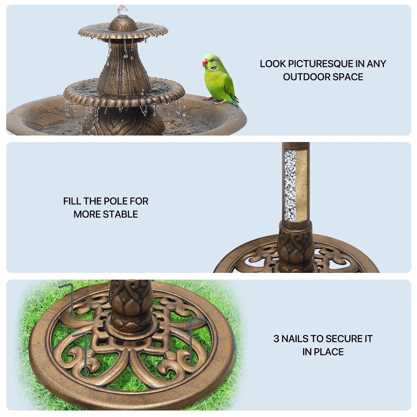 35" Bronze 3-Tier Pedestal Bird Bath Fountain with Electric Pump