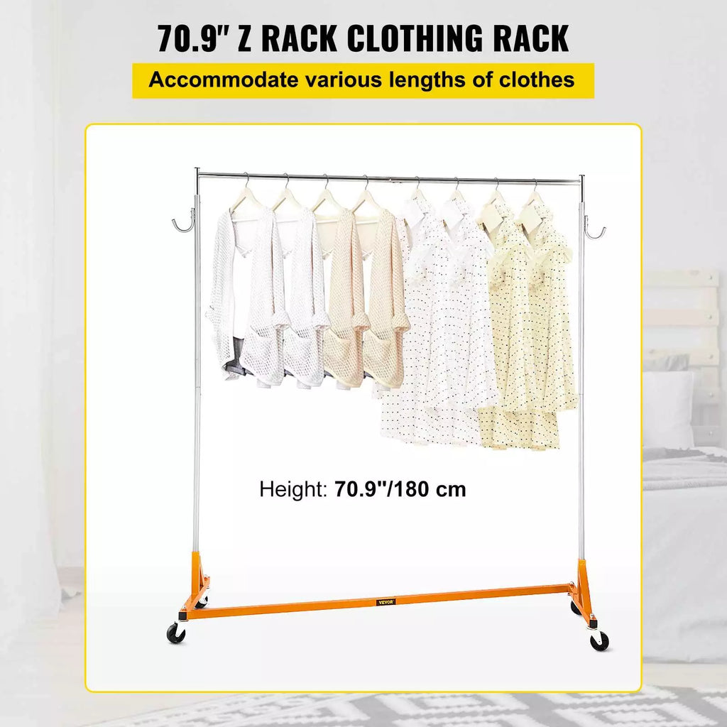 71" Heavy-Duty Rolling Garment Rack Z-Base 300lbs Capacity
