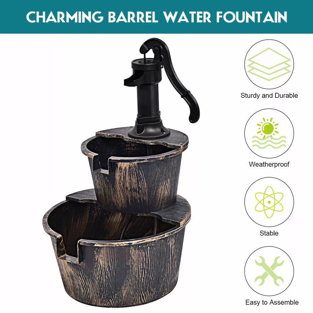 Outdoor 2-Tier Barrel Water Fountain with Pump Garden & Patio