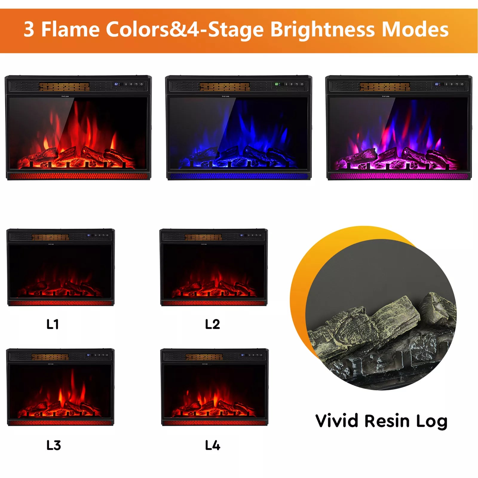 28" Recessed Electric Fireplace Heater 900W-1350W