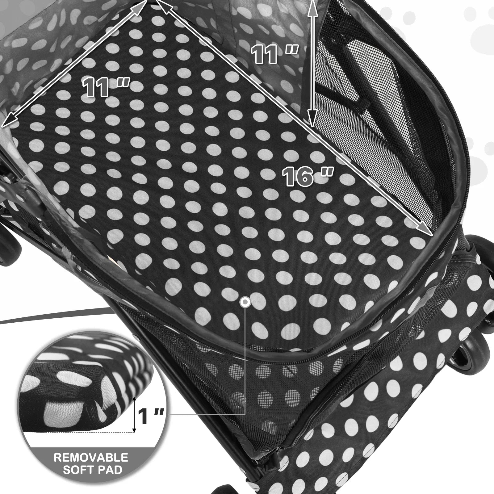 Polka Dot Foldable Pet Stroller with Mesh and Storage Basket