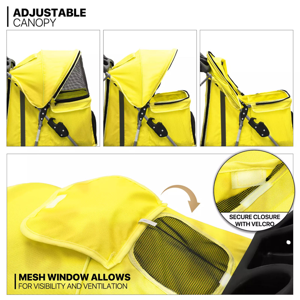 Yellow Folding Pet Stroller with Adjustable Sunshade for Dogs and Cats