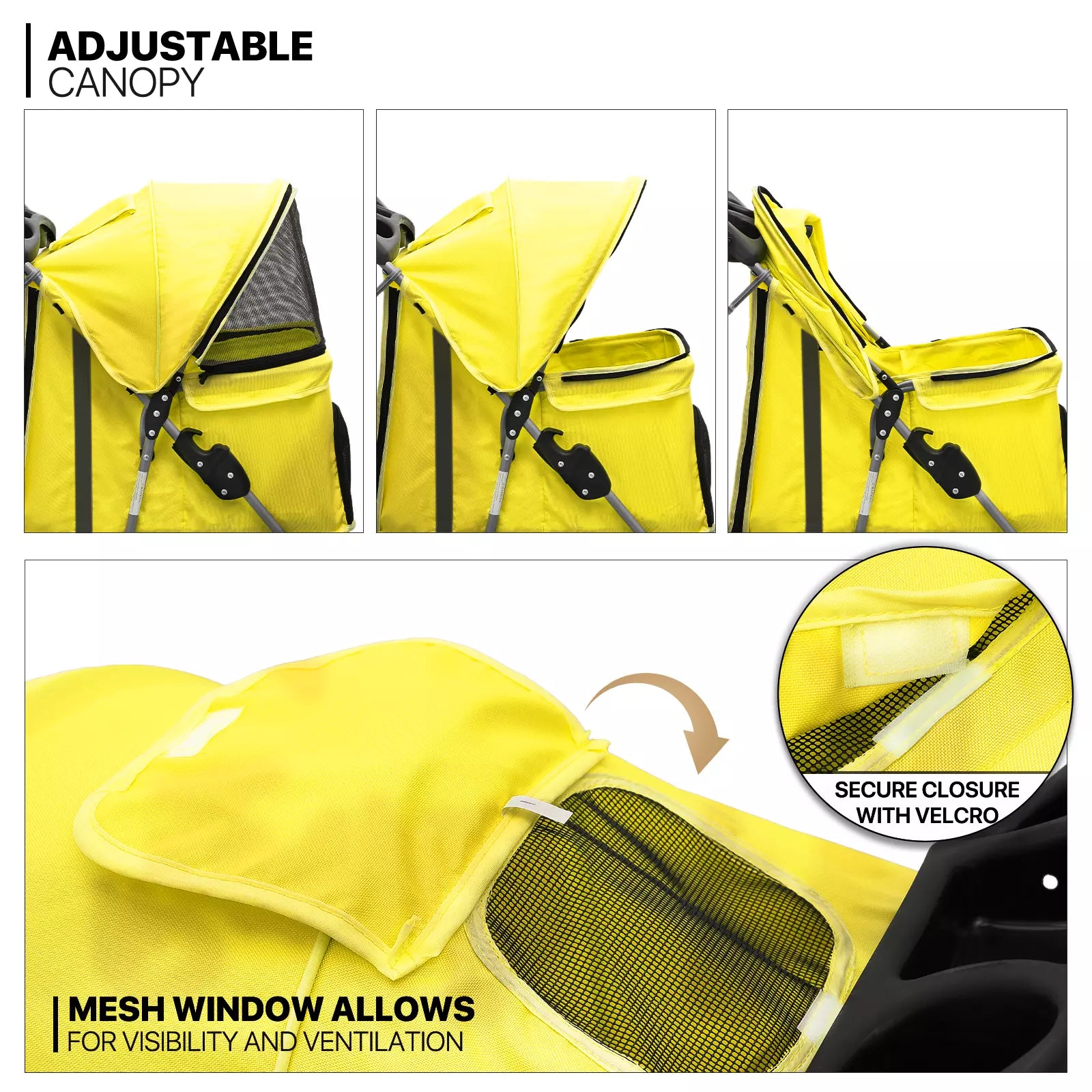 Yellow Folding Pet Stroller with Adjustable Sunshade for Dogs and Cats