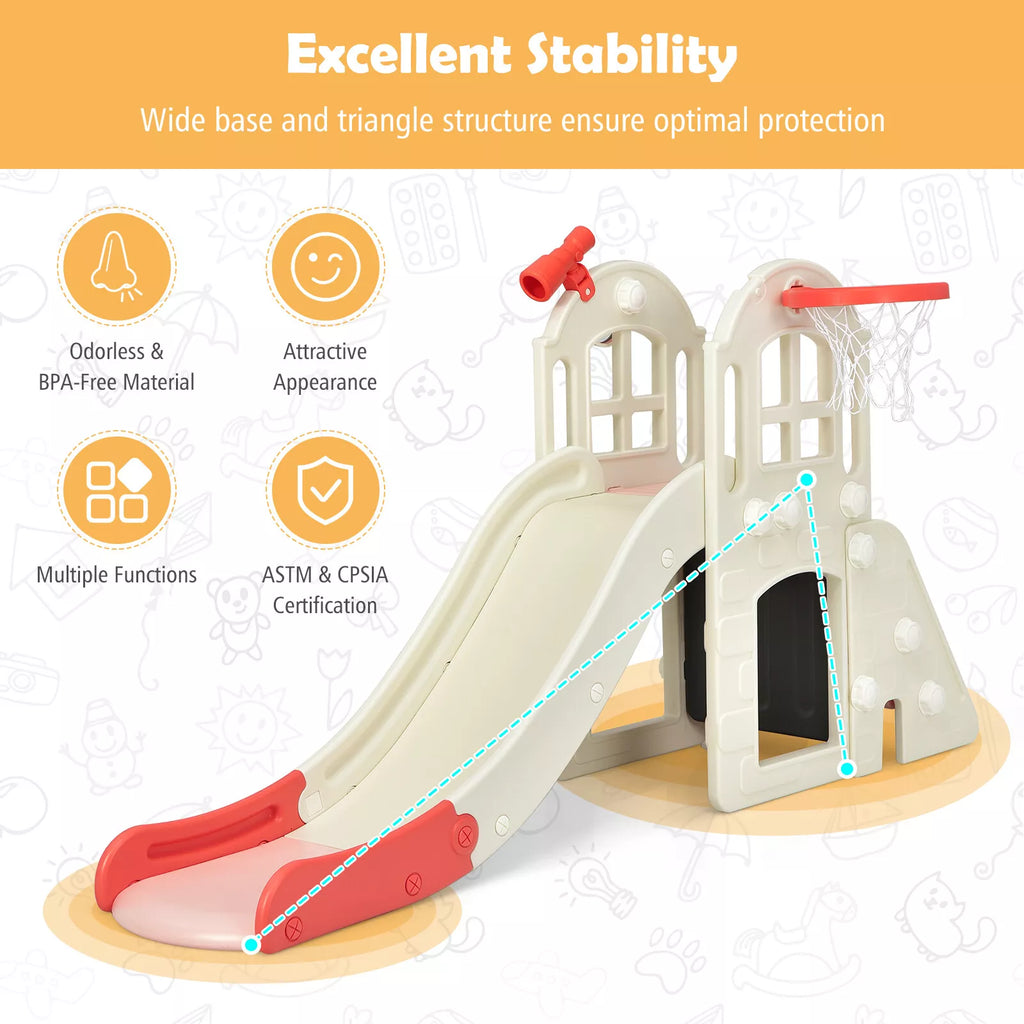6-in-1 Kids Slide Playset with Climber, Basketball Hoop, and Ring Toss