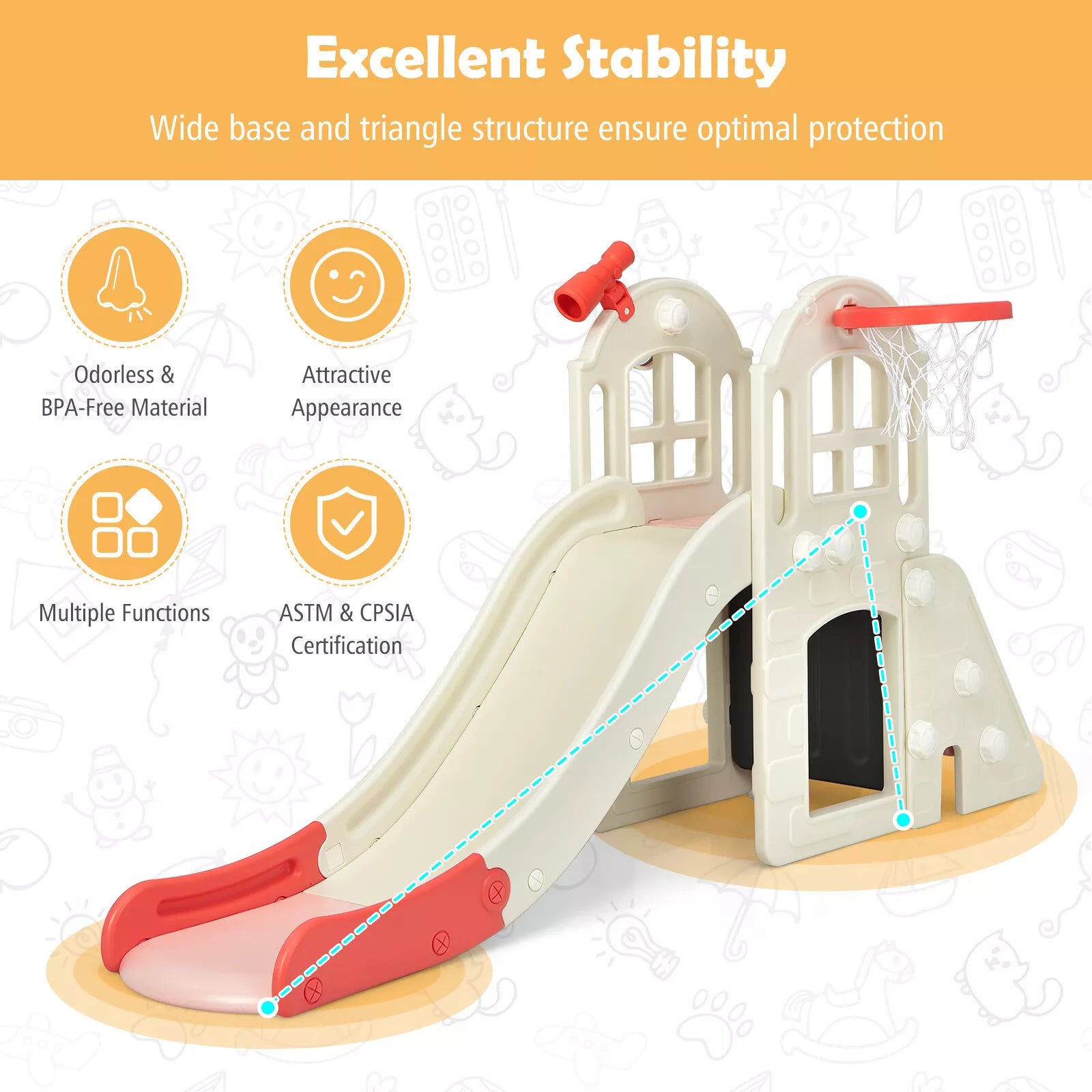 6-in-1 Kids Slide Playset with Climber, Basketball Hoop, and Ring Toss