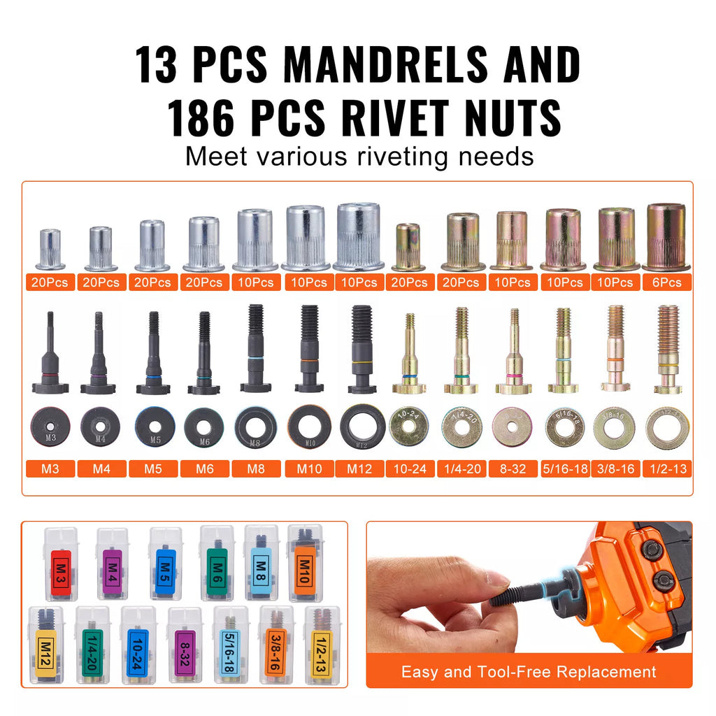 16" Rivet Nut Tool Set with 13 Mandrels and 186 Rivet Nuts
