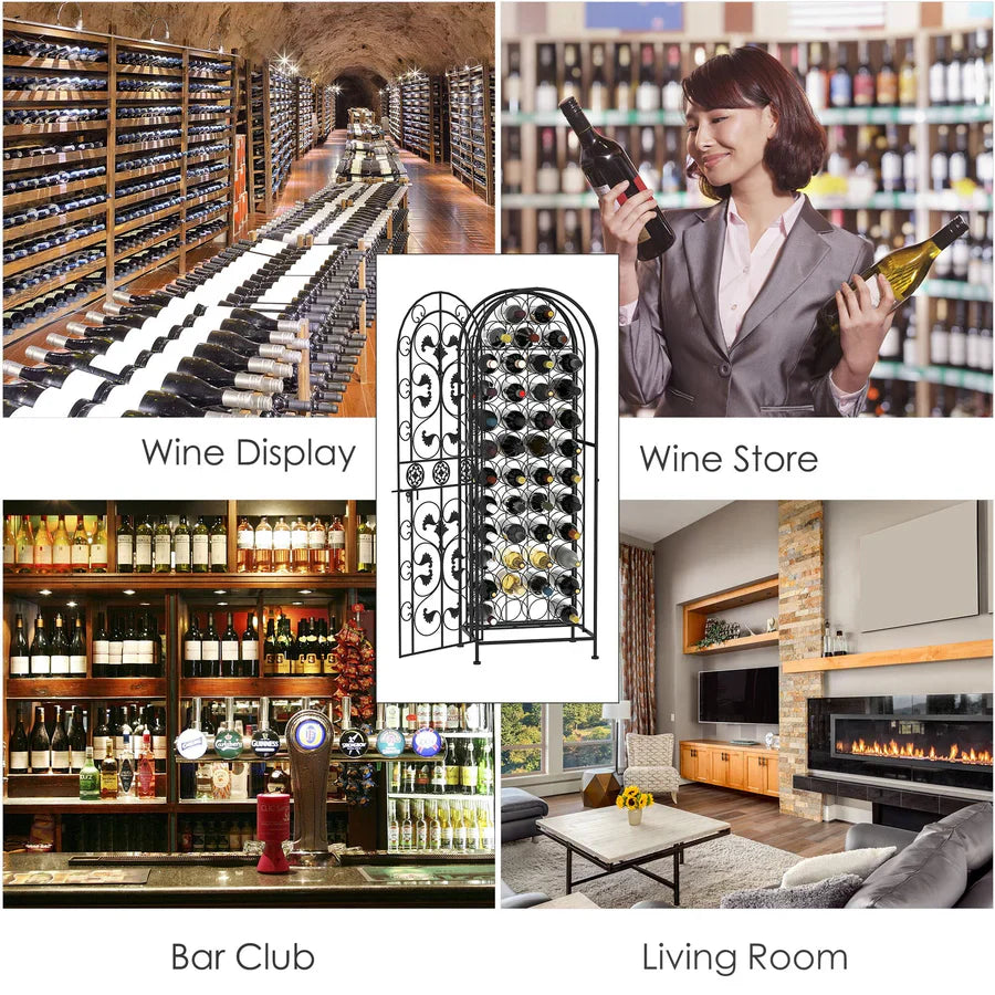 45-Bottle Wrought Iron Wine Rack Jail with Lockable Door Scroll Design