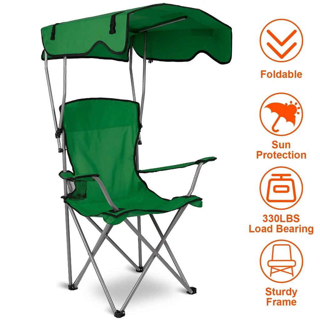 Camping Chair with Sun Shade Canopy & Cup Holder 330lb Portable