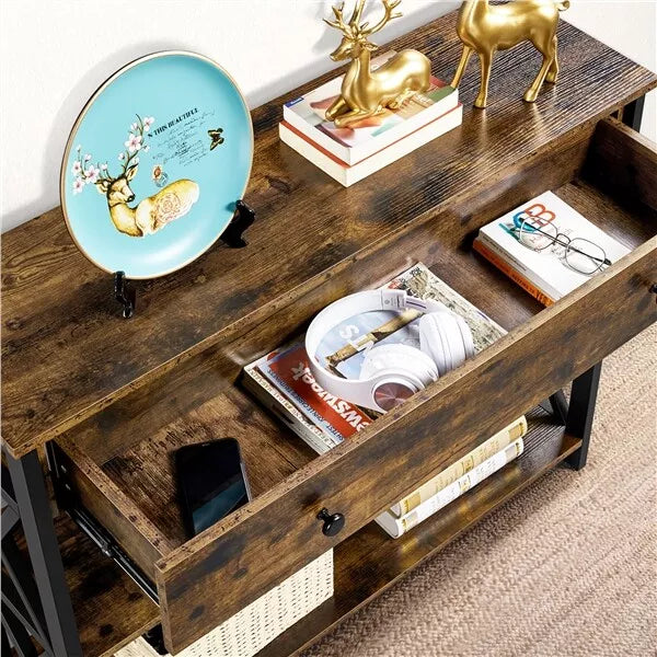 Rustic Brown Industrial Console Table with Drawer