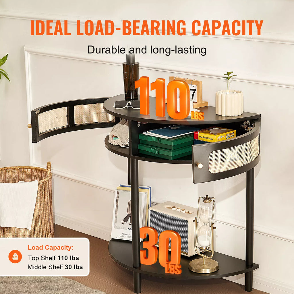 Black Half-Moon Rattan Console Table with Drawers