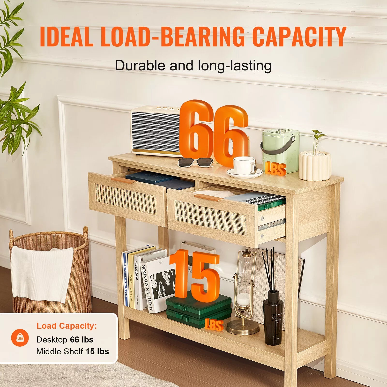 Natural Rattan Console Table Storage Drawers Sliding Door