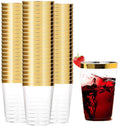 Tebery 100 Pack Gold Plastic Cups Tumblers, 10oz Clear Reusable Wedding Cups Elegant Party Cups with Gold Rim
