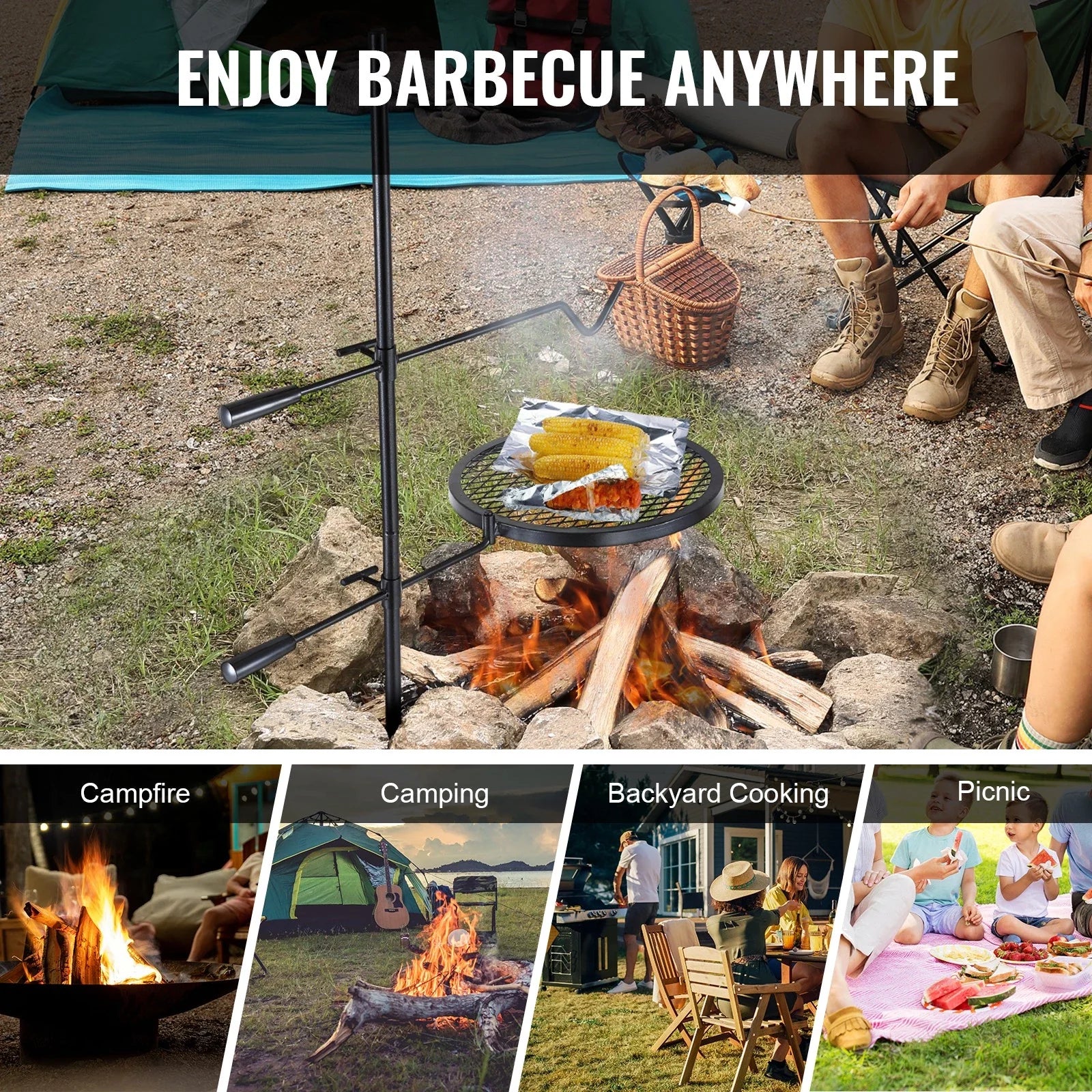Heavy Duty Swivel Campfire Grill Steel Open Fire Cooking Grate Stand