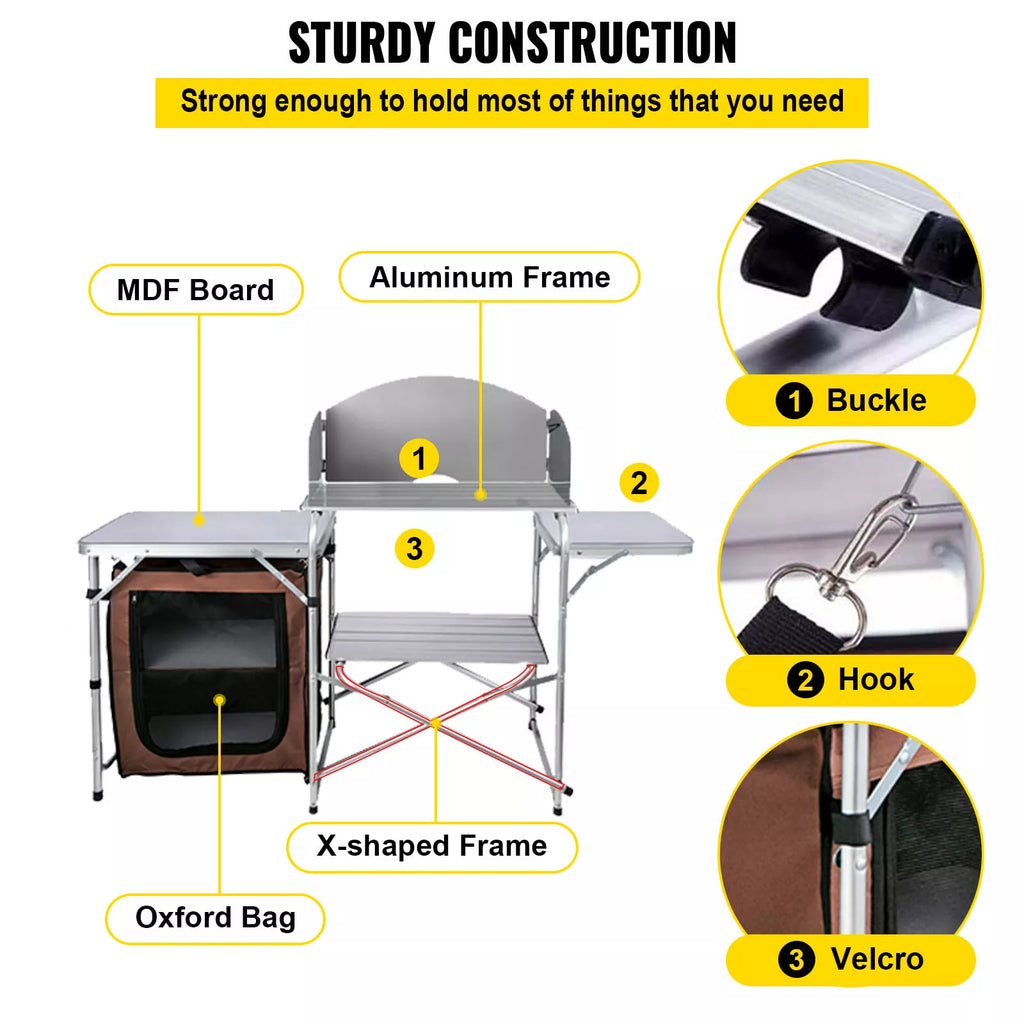 Folding Camp Kitchen Table with Windshield and 2-Tier Storage Shelf