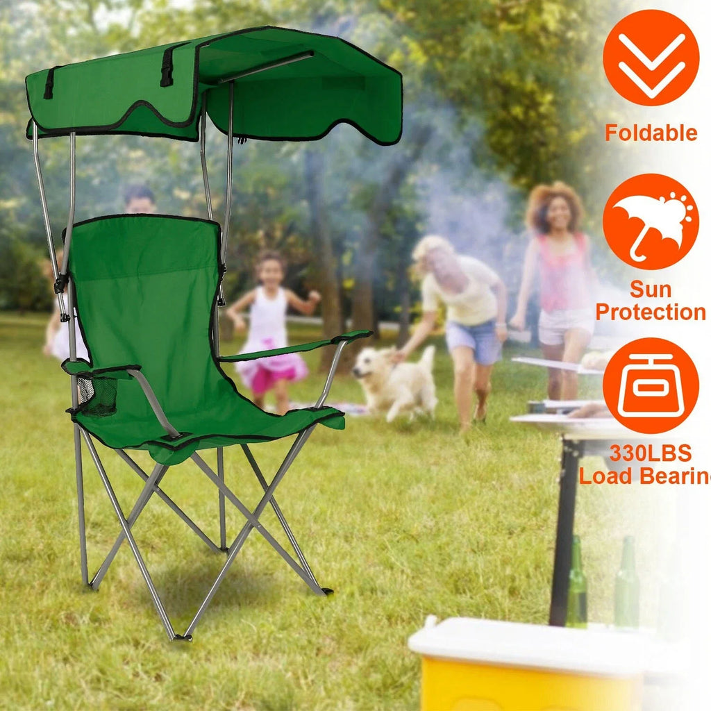 Camping Chair with Sun Shade Canopy & Cup Holder 330lb Portable