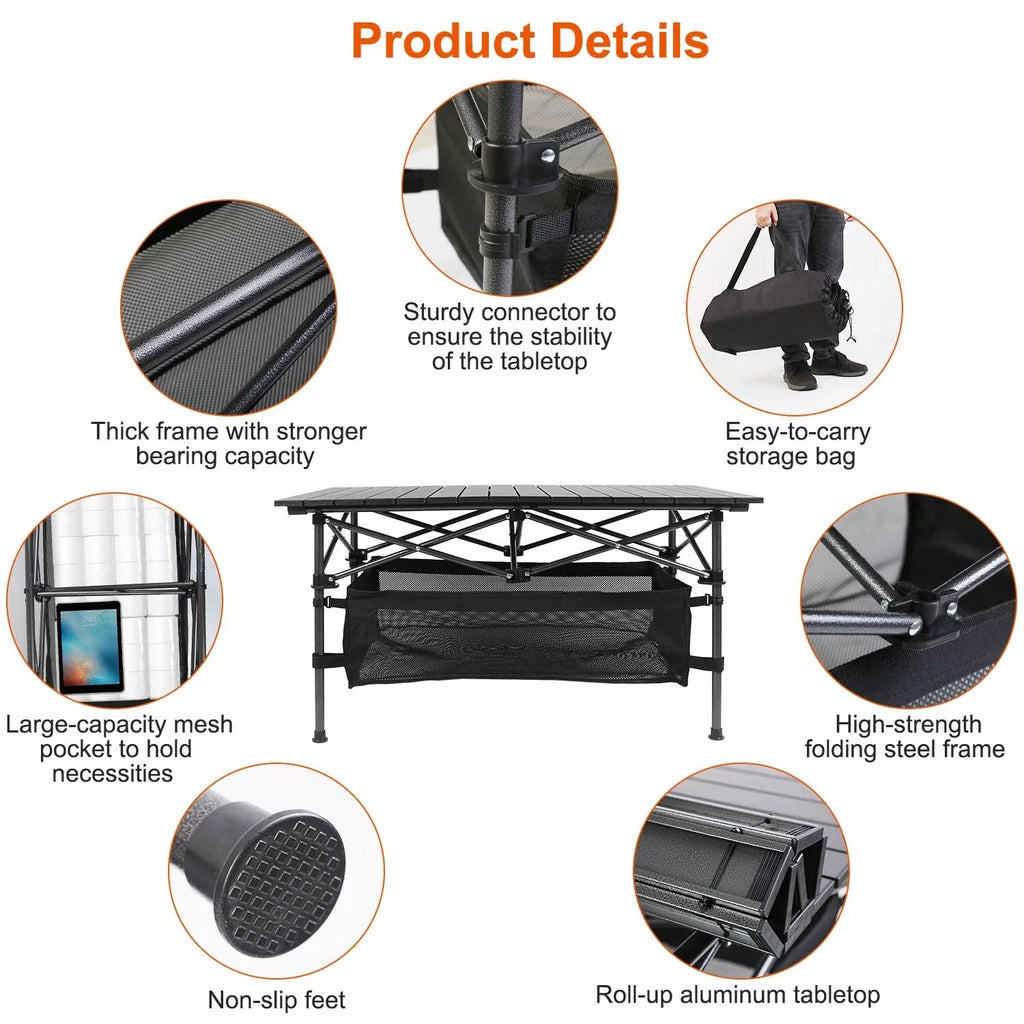 Folding Camping Table with Aluminum Top & Storage Basket Lightweight