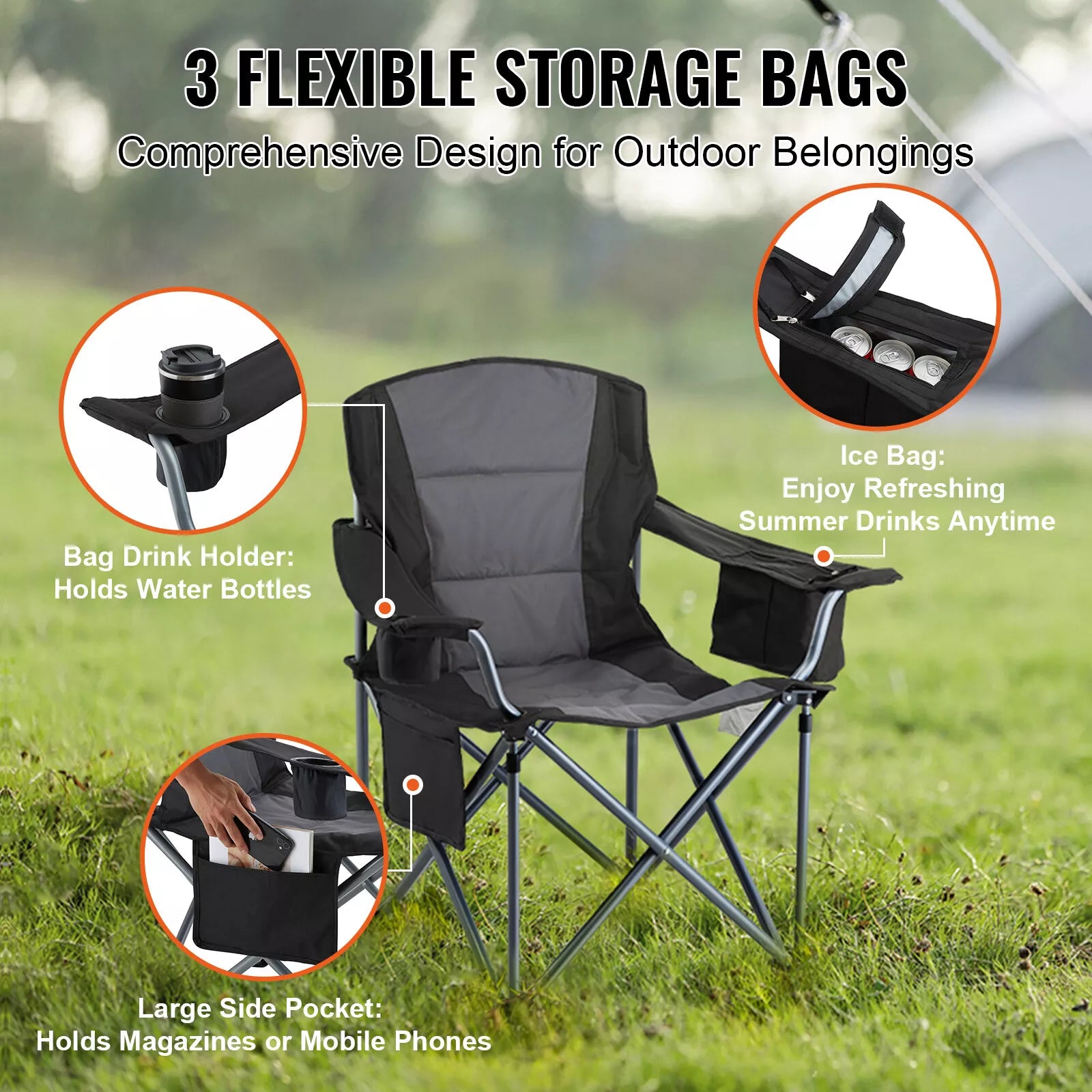 Foldable Outdoor Camping Chair with Storage Pockets and Cup Holder