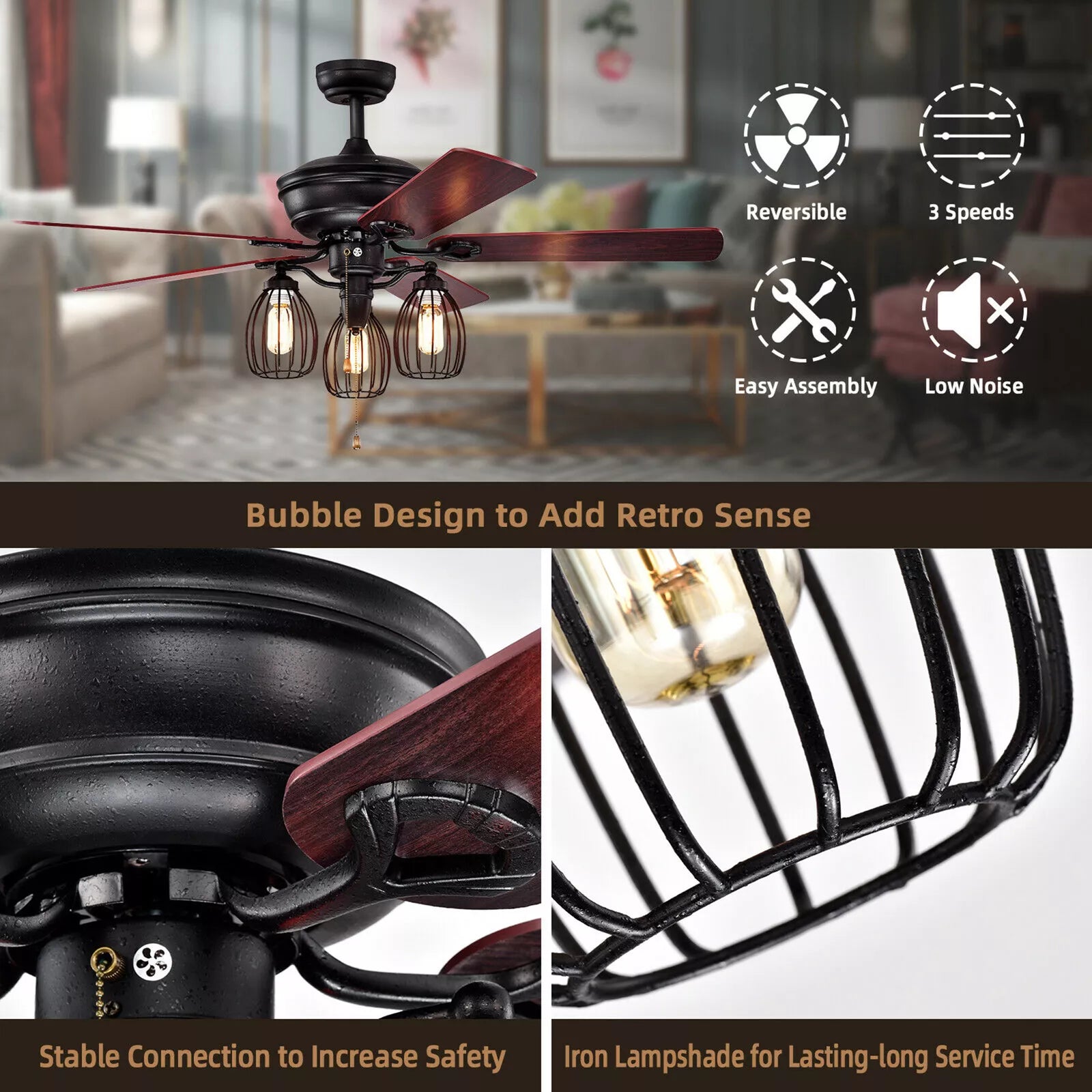 52" Ceiling Fan with Lights Quiet Motor & Reversible Blades