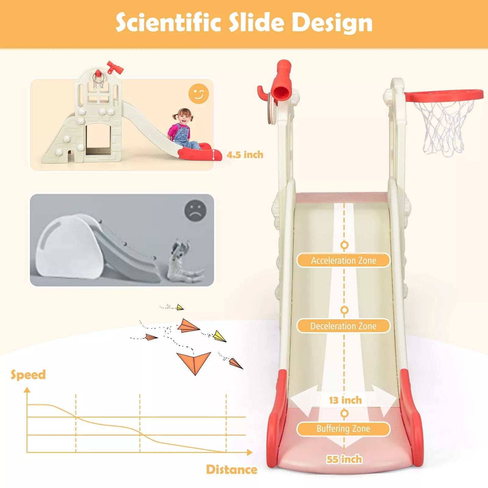 6-in-1 Kids Slide Playset with Climber, Basketball Hoop, and Ring Toss