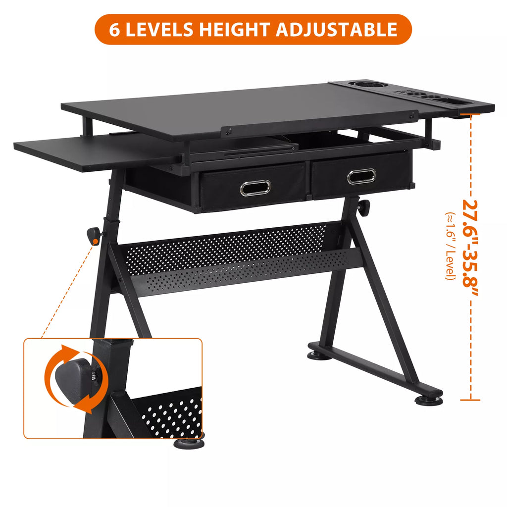 Tilting Adjustable Art Desk Storage Drawers and Stool